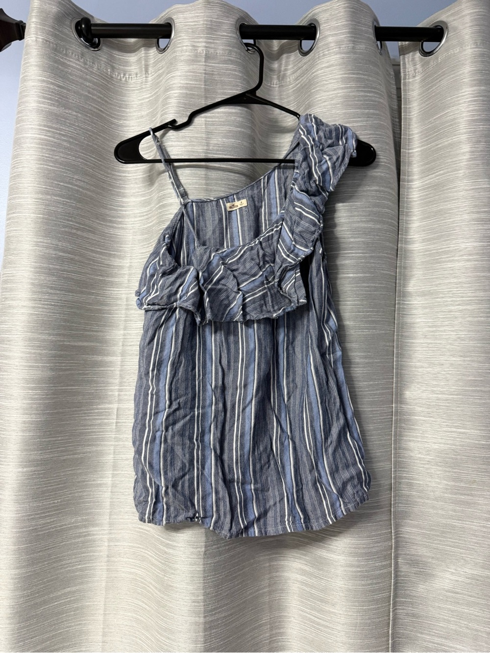 Hollister Blue and White Striped One-Shoulder Ruffle Top